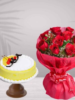 Pineapple Cake With Red Roses Bouquet