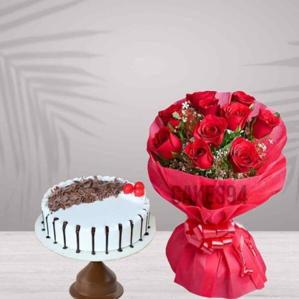 Black Forest Delight With Red Roses Bouquet