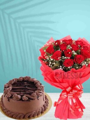 Chocolate Cake With 10 Red Roses Bouquet