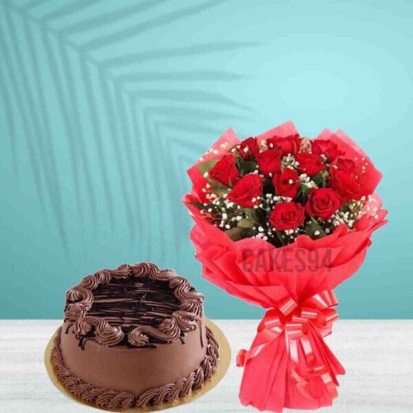 Chocolate Cake With 10 Red Roses Bouquet