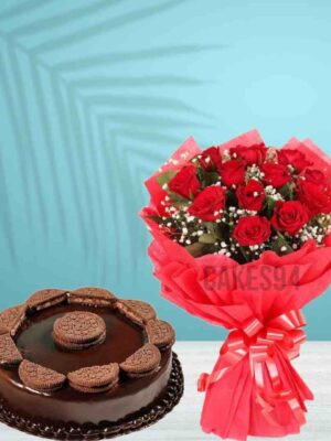 Choco Oreo Cake With Red Roses Bunch