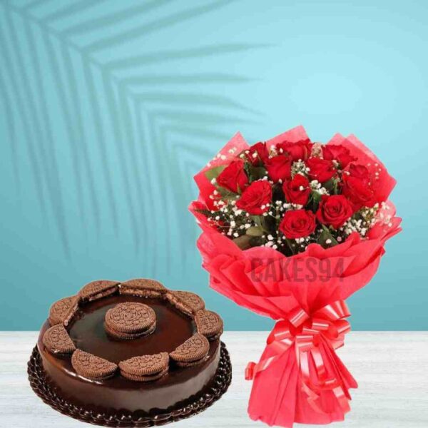 Choco Oreo Cake With Red Roses Bunch