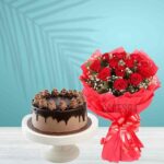 Choco Delight Cake With 10 Red Roses Bouquet