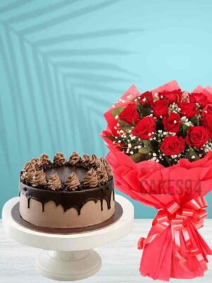 Choco Delight Cake With 10 Red Roses Bouquet