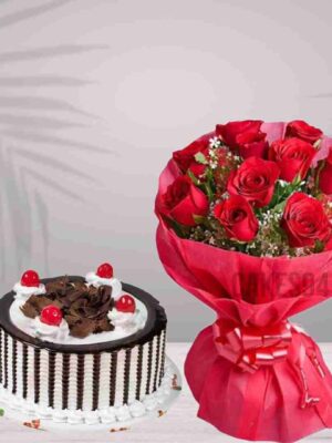 Black Forest Cake With Red Roses Bunch