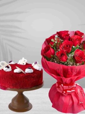 Red Velvet Cake With Flowers Combo